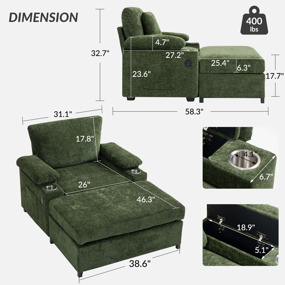 Chenille Fabric Sofa Bed With Cupholders And USB Charging Ports Chair For Living Room