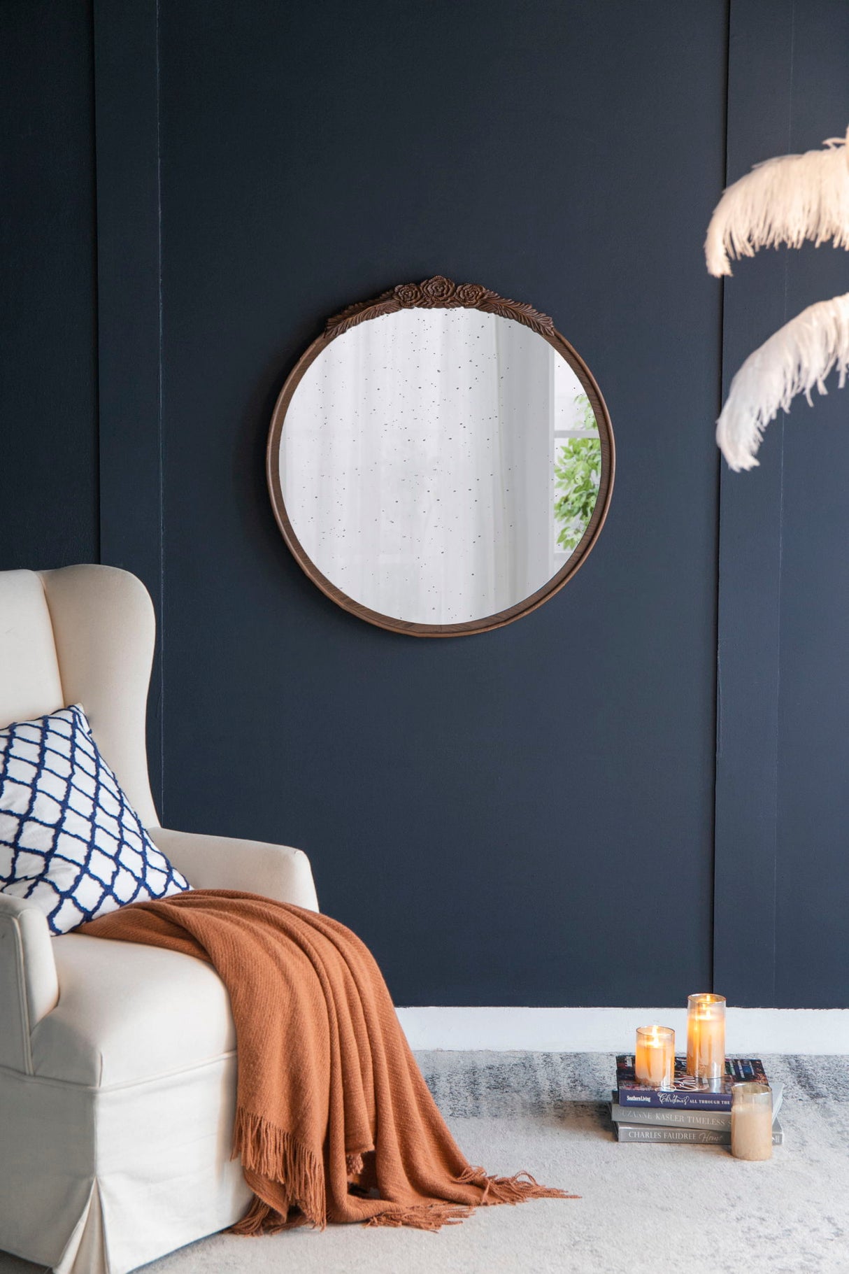 Round Hand Carved Rose Antique Mirror Frame, Wall Mirror For Live Space