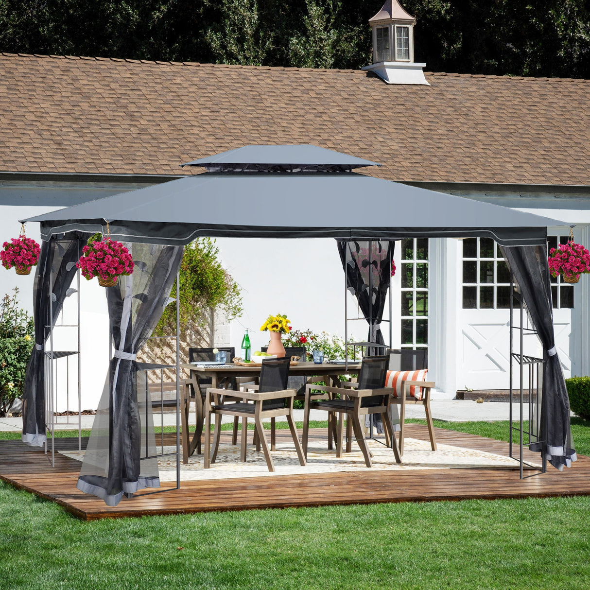 Patio Gazebo Tent With Ventilated Double Roof And Mosquito Net For Backyard Or Garden