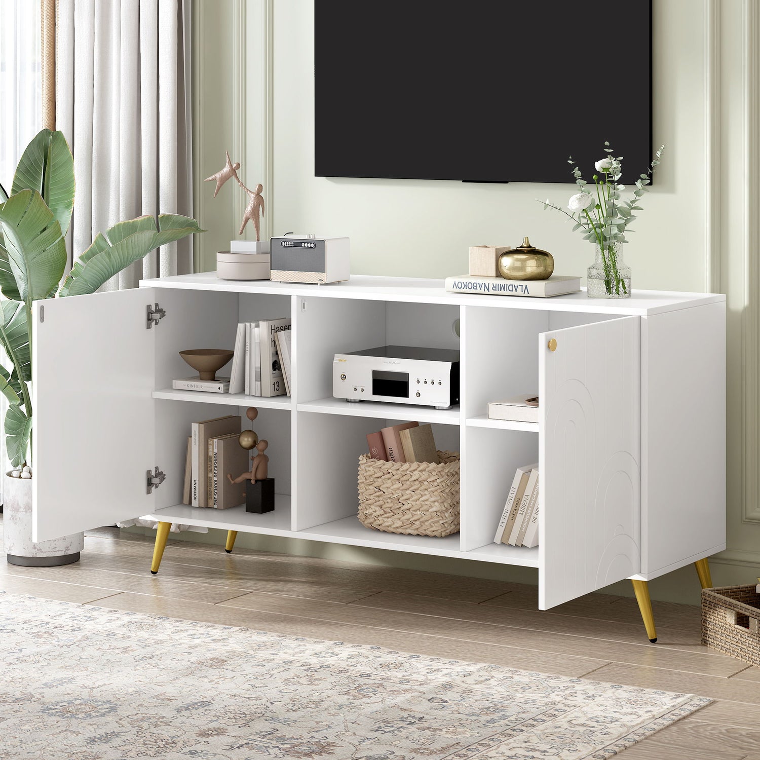Modern TV Stand With Adjustable Shelf, Handles And Anti-Tip Device