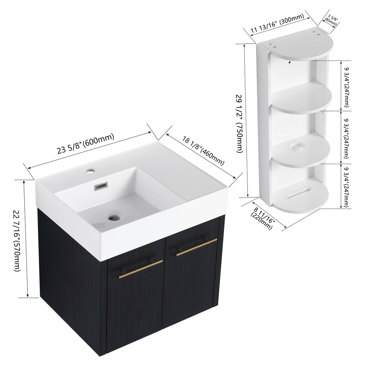Modern Wall Mounted Bathroom Vanity With Thick Edge Resin Sink And Storage Rack