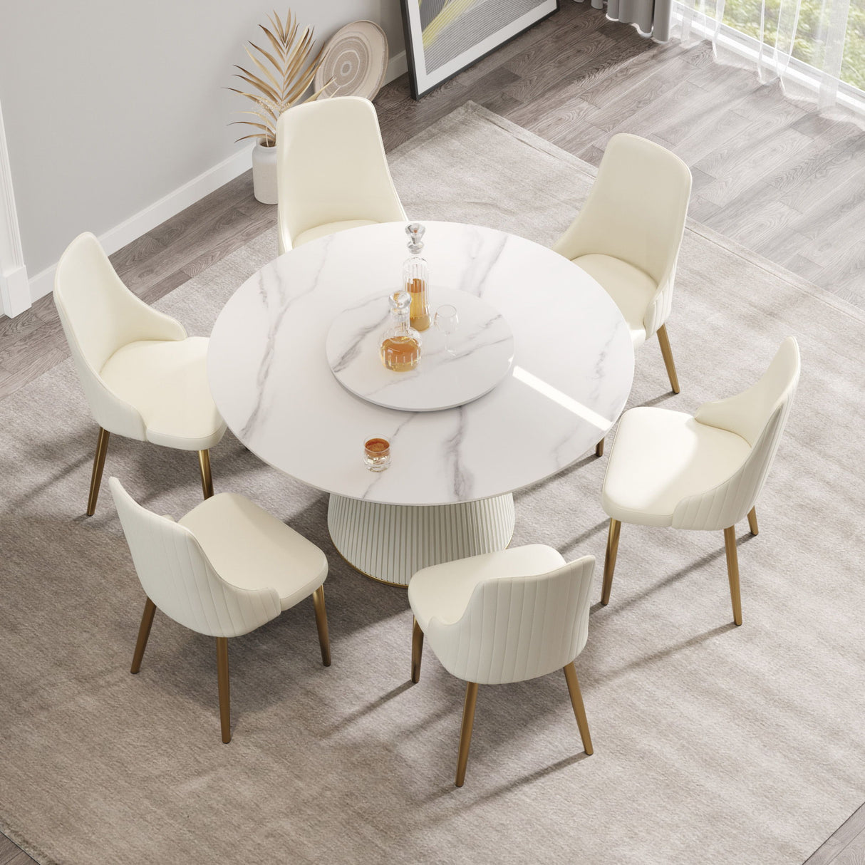 Modern Artificial Stone Round Plywood Base Dining Table, Can Accommodate 6 People, Artificial Stone Turntable (Not Including Chairs) - White / Beige