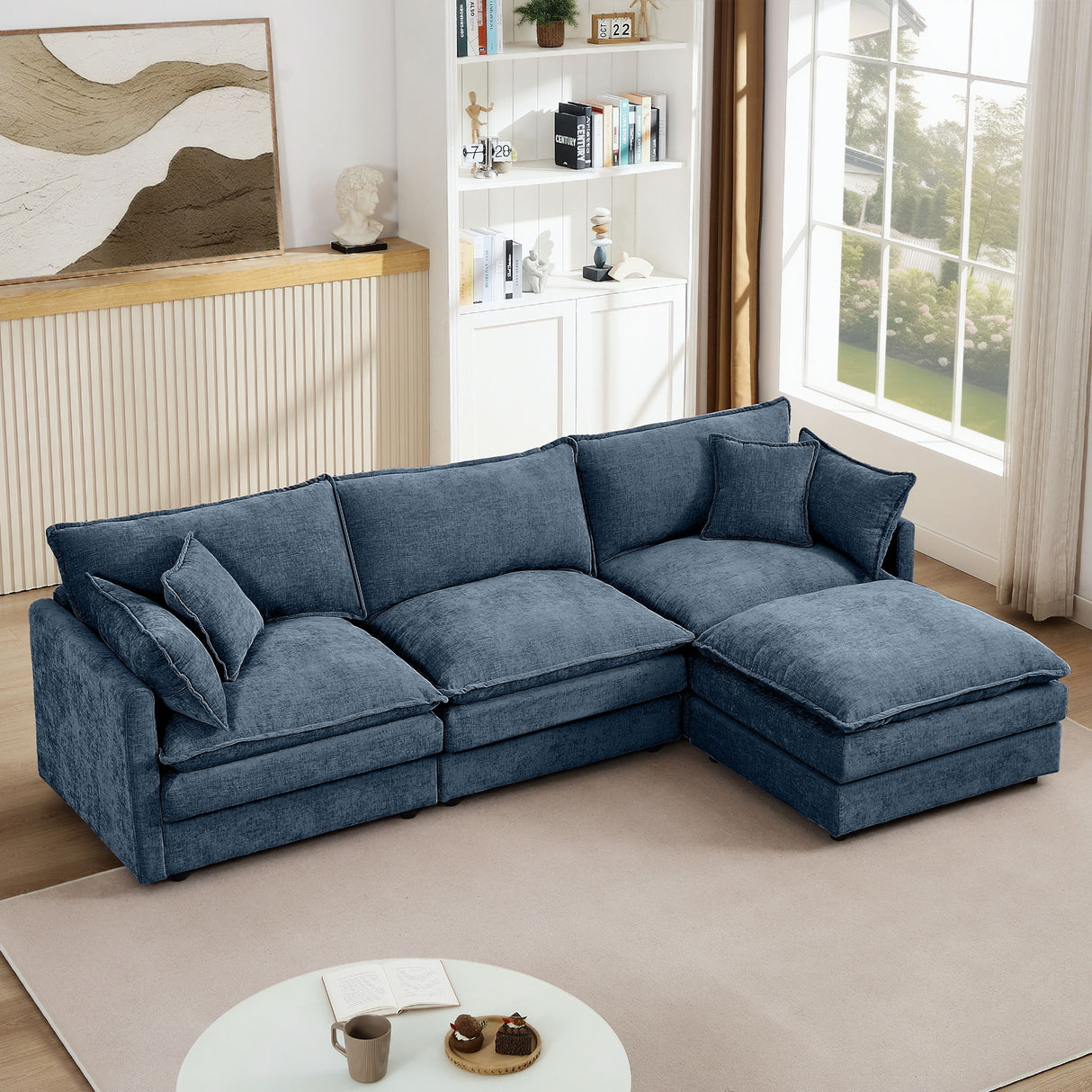 L Shaped Modular Sectional Sofa With Movable Ottoman, 3 Seater Comfortable Seating