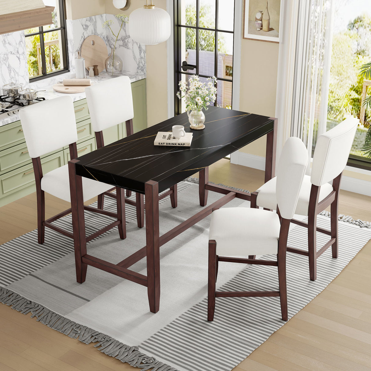 5 Piece Counter Height Dining Set, Bar Table With 4 Upholstered Chairs
