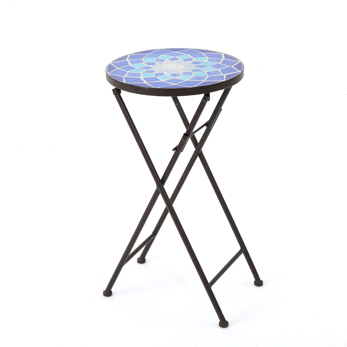 Outdoor Folding Accent Table With Glass Top And Iron Frame - White / Blue