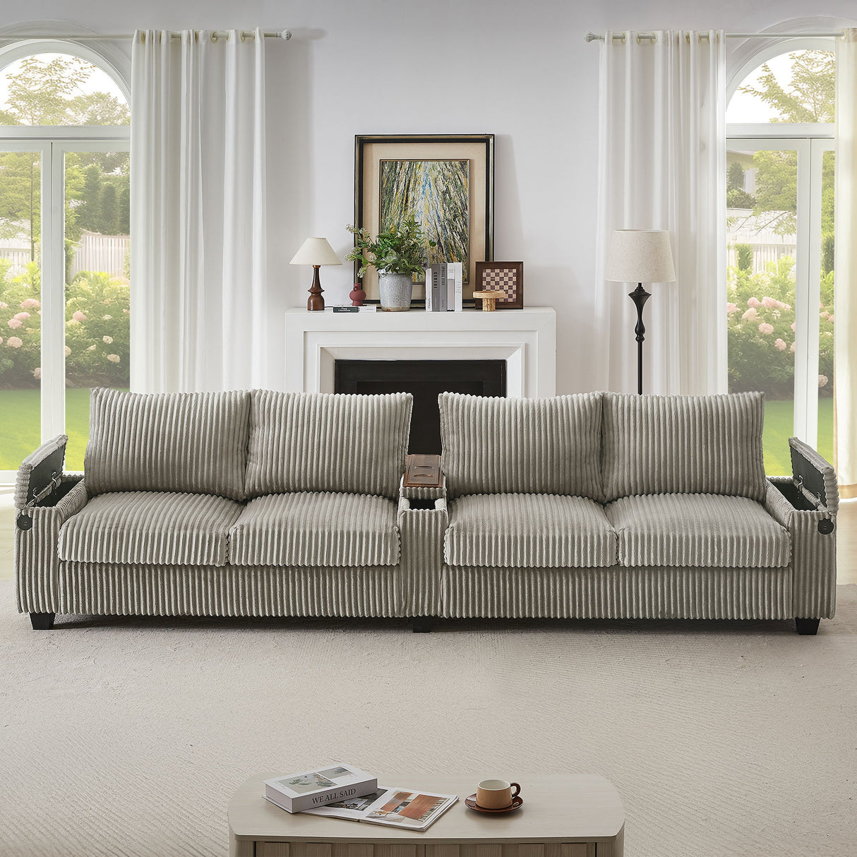 Modern 4 Seater Corduroy Sofa Couch With USB Ports And Hidden Storage