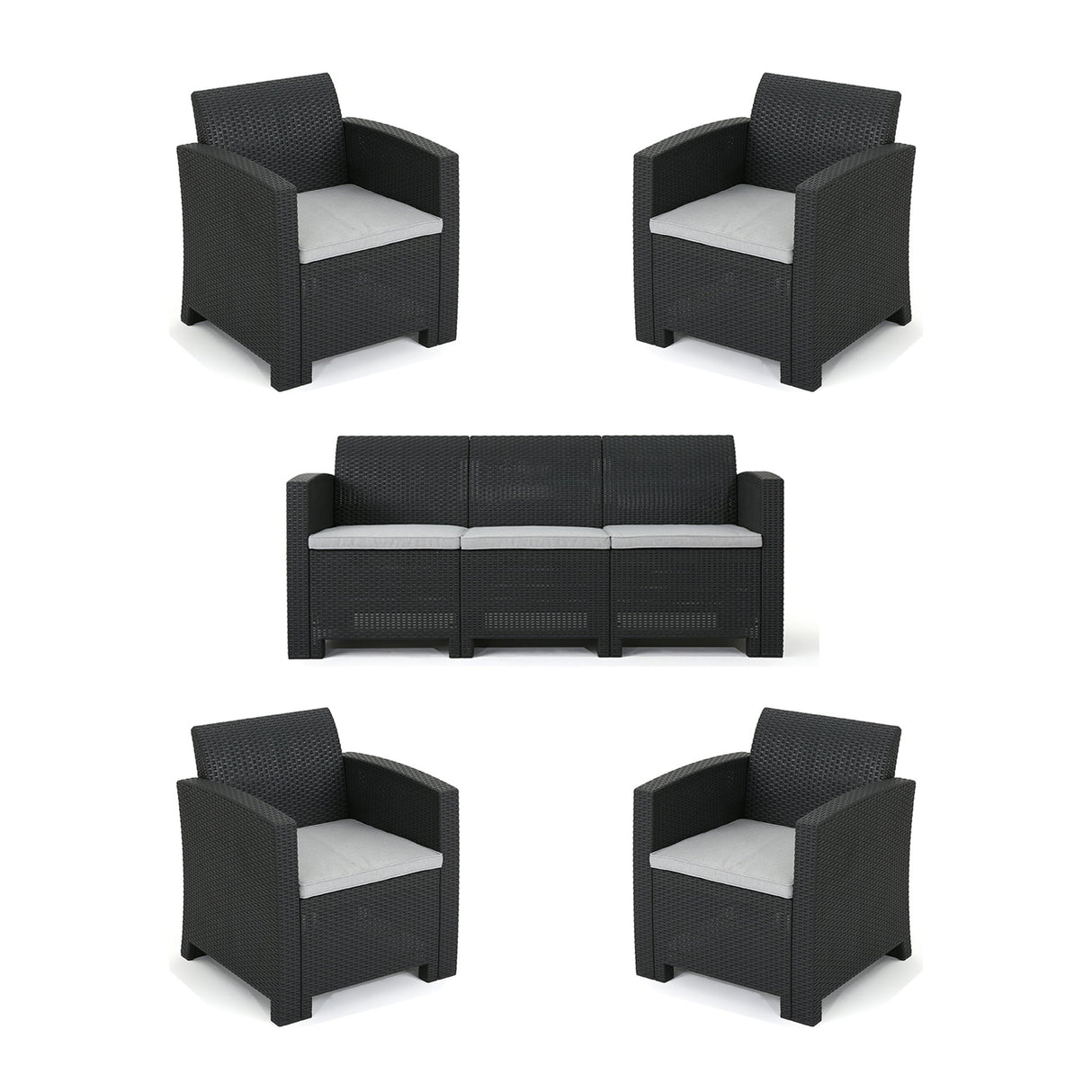 Outdoor Faux Wicker Rattan Style Chat Set With Water Resistant Cushions, 5 Pieces Set - Charcoal / Light Gray