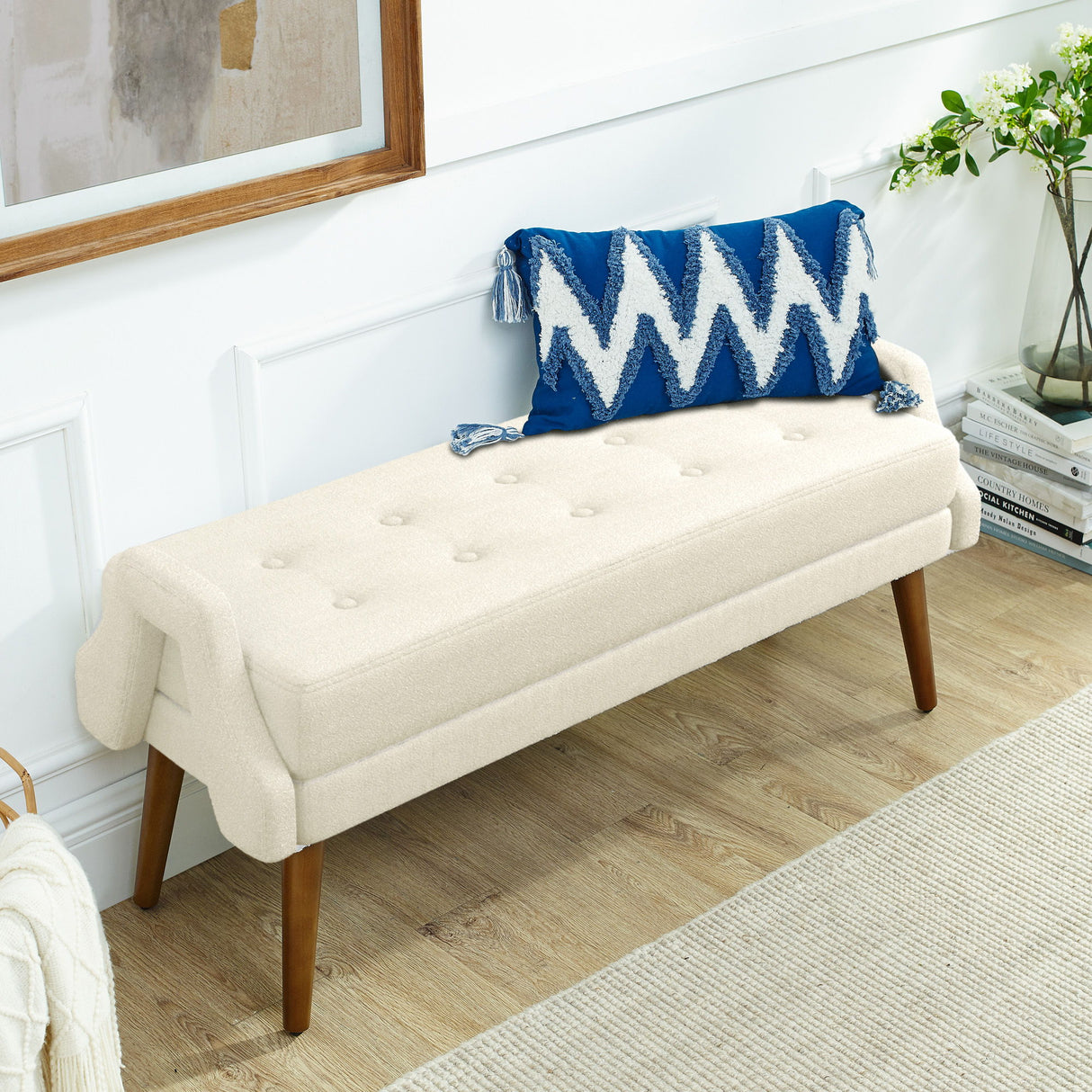 Modern Living Room Bench With Looped Yarn Fabric And Rubber Wooden Legs