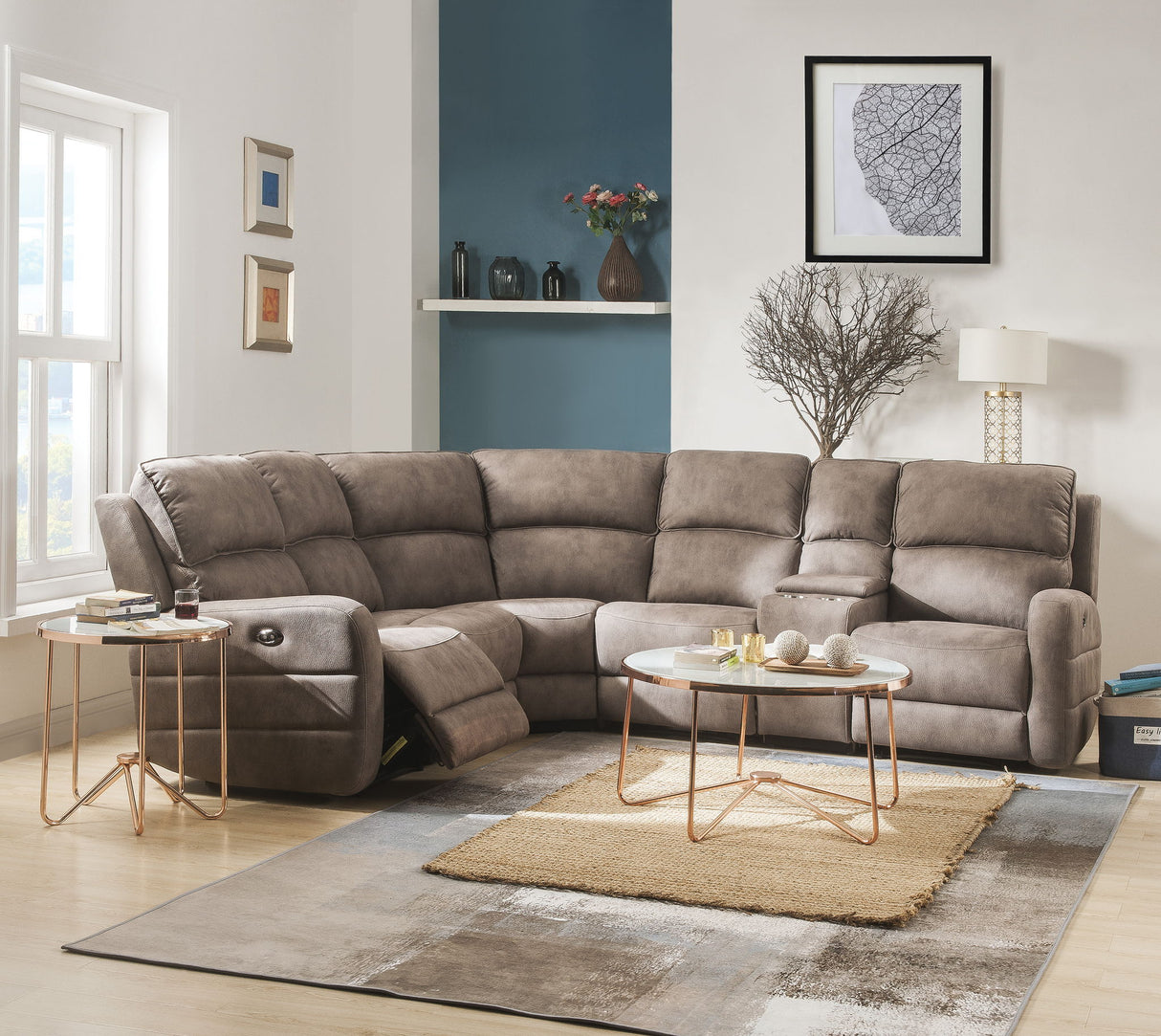 Olwen - Nubuck Power Recliner Sectional Sofa With USB Port - Mocha