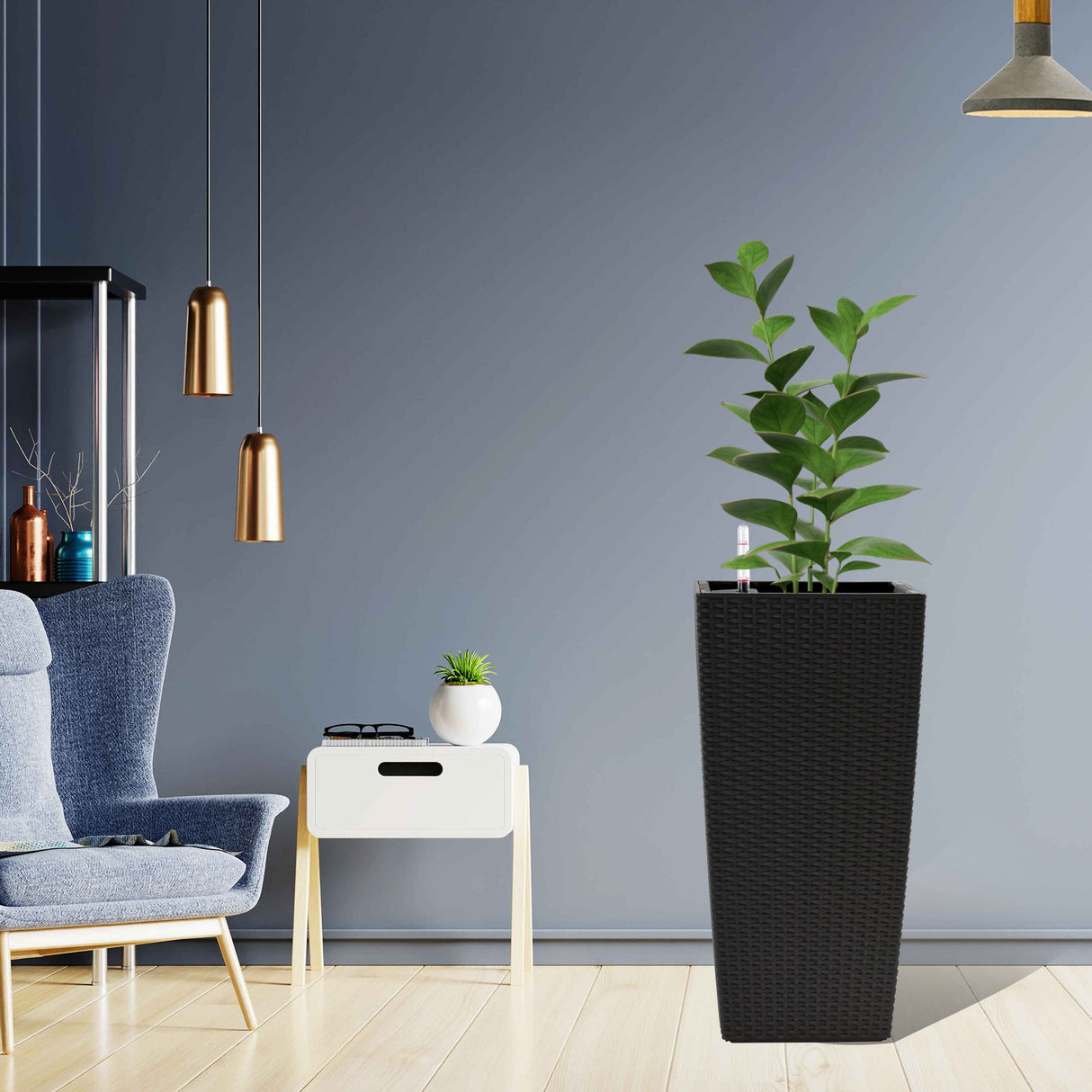 Elegant Square Planter With Automatic Watering System, Faux Rattan Design, Polypropylene (Set of 2) - Black