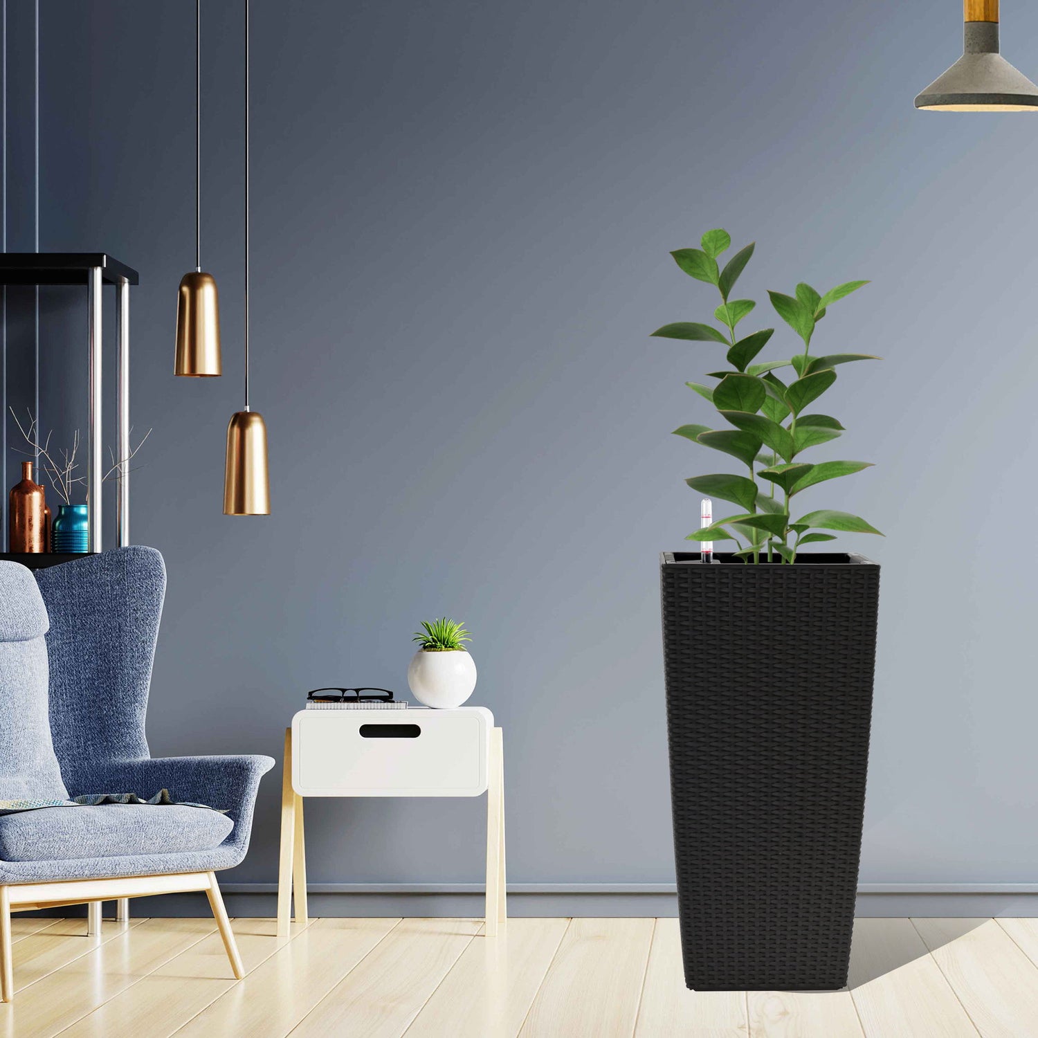 Elegant Square Planter With Automatic Watering System, Faux Rattan Design, Polypropylene (Set of 2) - Black