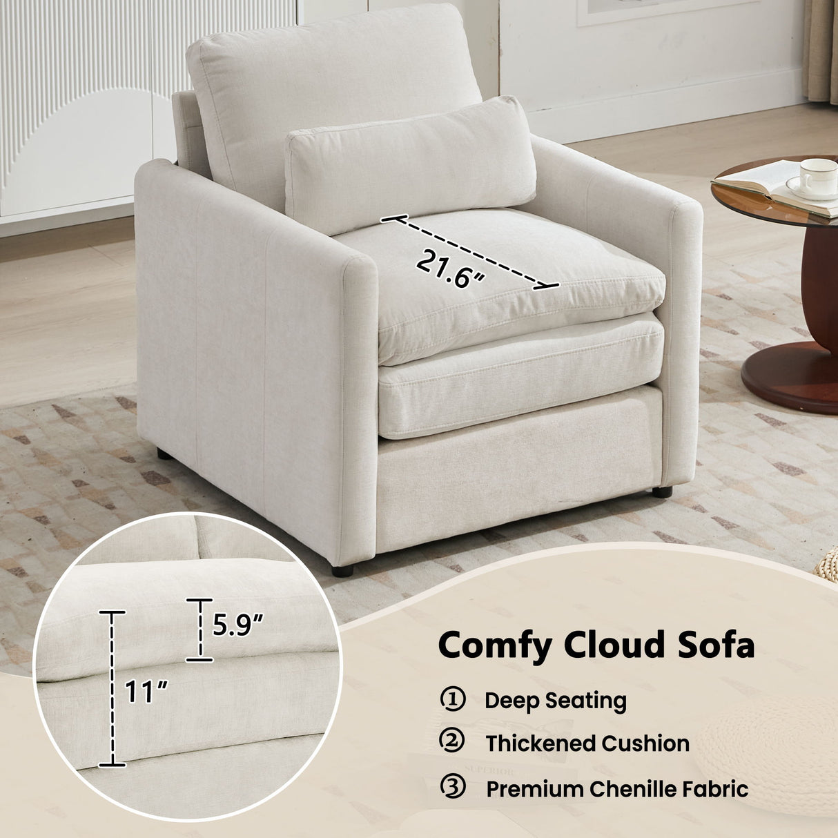 Cozy Upholstered Plush Cushion Armchair For Living Room
