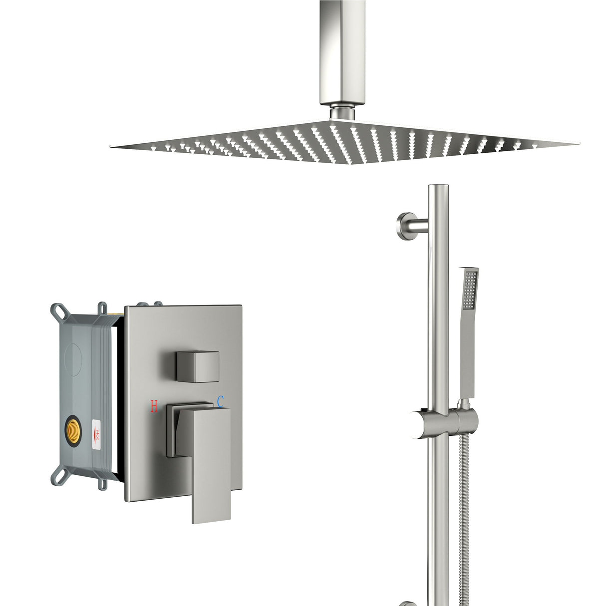 Ceiling Mounted Square Shower System With Adjustable Slide Bar, 16" Rainfall Shower With Handheld - Brushed Nickel