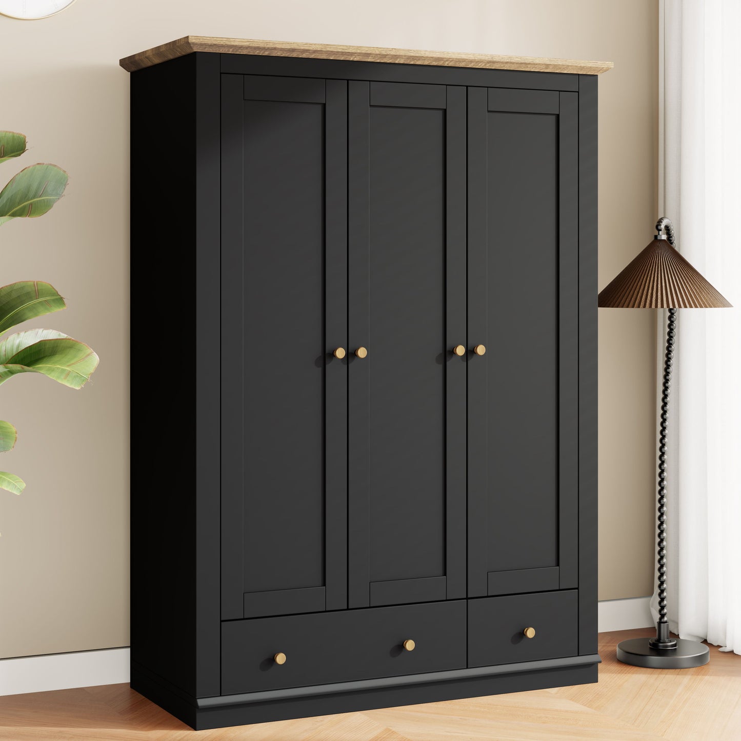 Modern 3 Doors Armoire Wardrobe Closet With 2 Drawers, Tall Wardrobe Cabinet With Hanging Rail And Shelve For Bedroom - Natural / Black