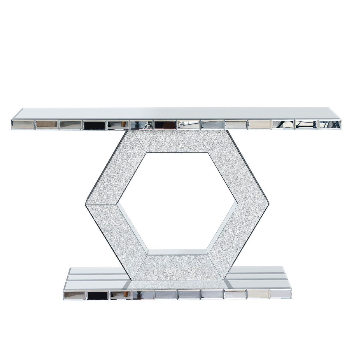 Sparkling Crystal Hexagon Mirror Entryway Premium Modern Foyer Console Table With Diamond Glass Effects, Dual Tier Luxury Sofa Table - Silver