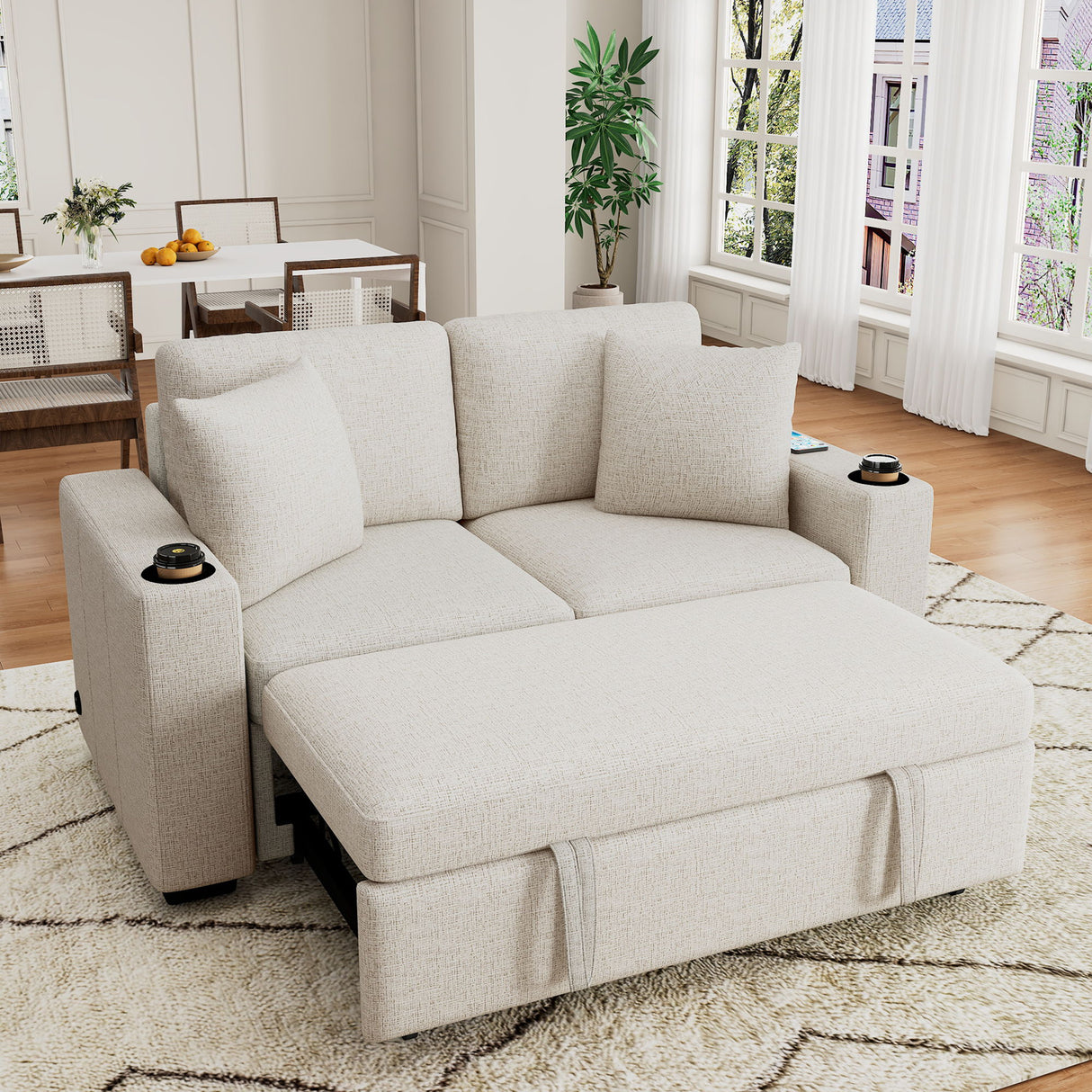 Modern 2 Seater Loveseat Sofa With Pull-Out Bed, Chenille Fabric, Built-In USB Ports & Cup Holders