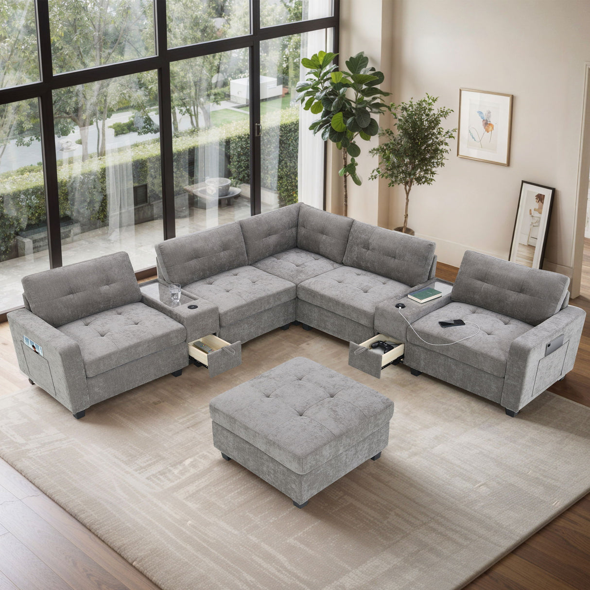 Sectional With Acrylic Table Top U Shaped Couch Set With 2 Consoles USB Charger, Storage Drawers And Pockets Movable Ottoman Tufted Sofa