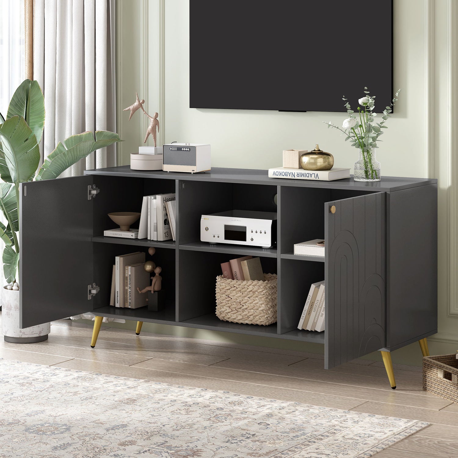 Modern TV Stand With Adjustable Shelf, Handles And Anti-Tip Device