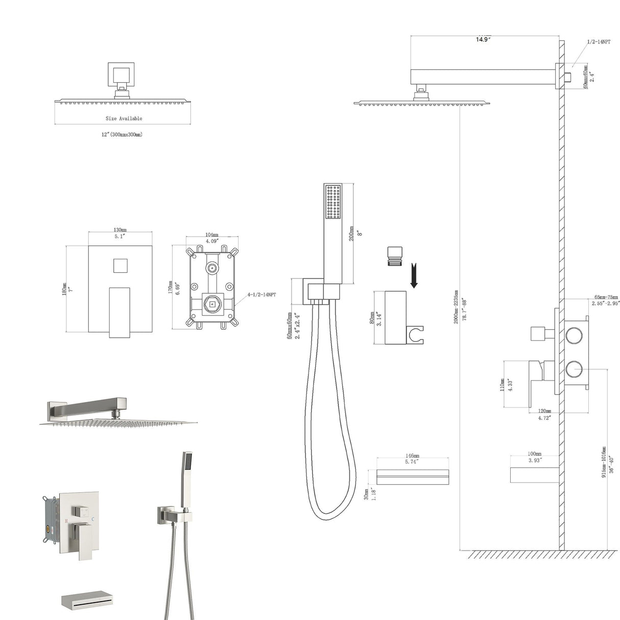 Square Shower System With Waterfall Tub Spout And Rough In Valve, Wall Mounted