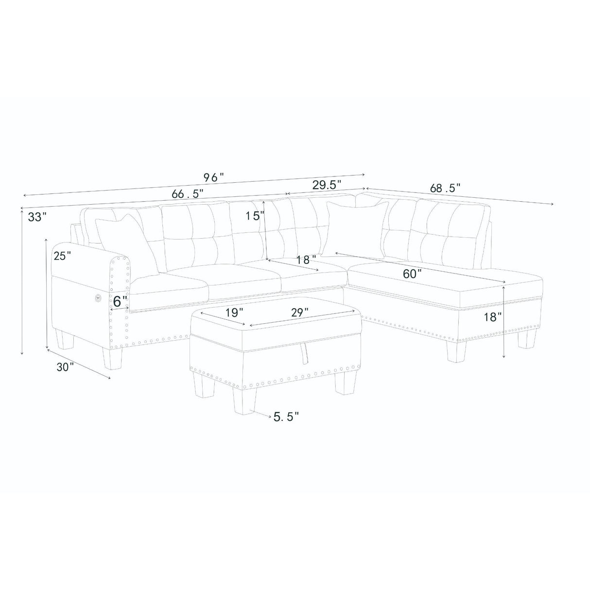 Camden - Power Sectional Sofa With Storage Ottoman And Built In Charging Ports - Gray