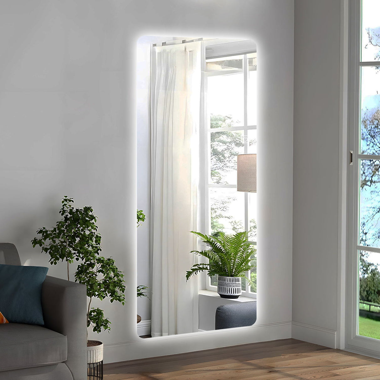 Wall Mounted Full Body Mirror With Dimming Lights Glass - Silver