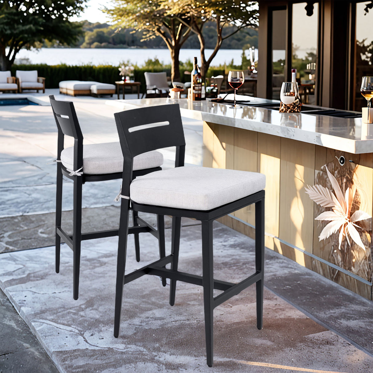 Modern Outdoor Bar Stools With Backrest And Footrest (Set of 2)