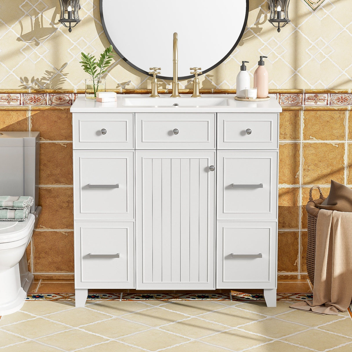 Bathroom Vanity With Ceramic Sink, Soft Close Doors, Adjustable Shelves