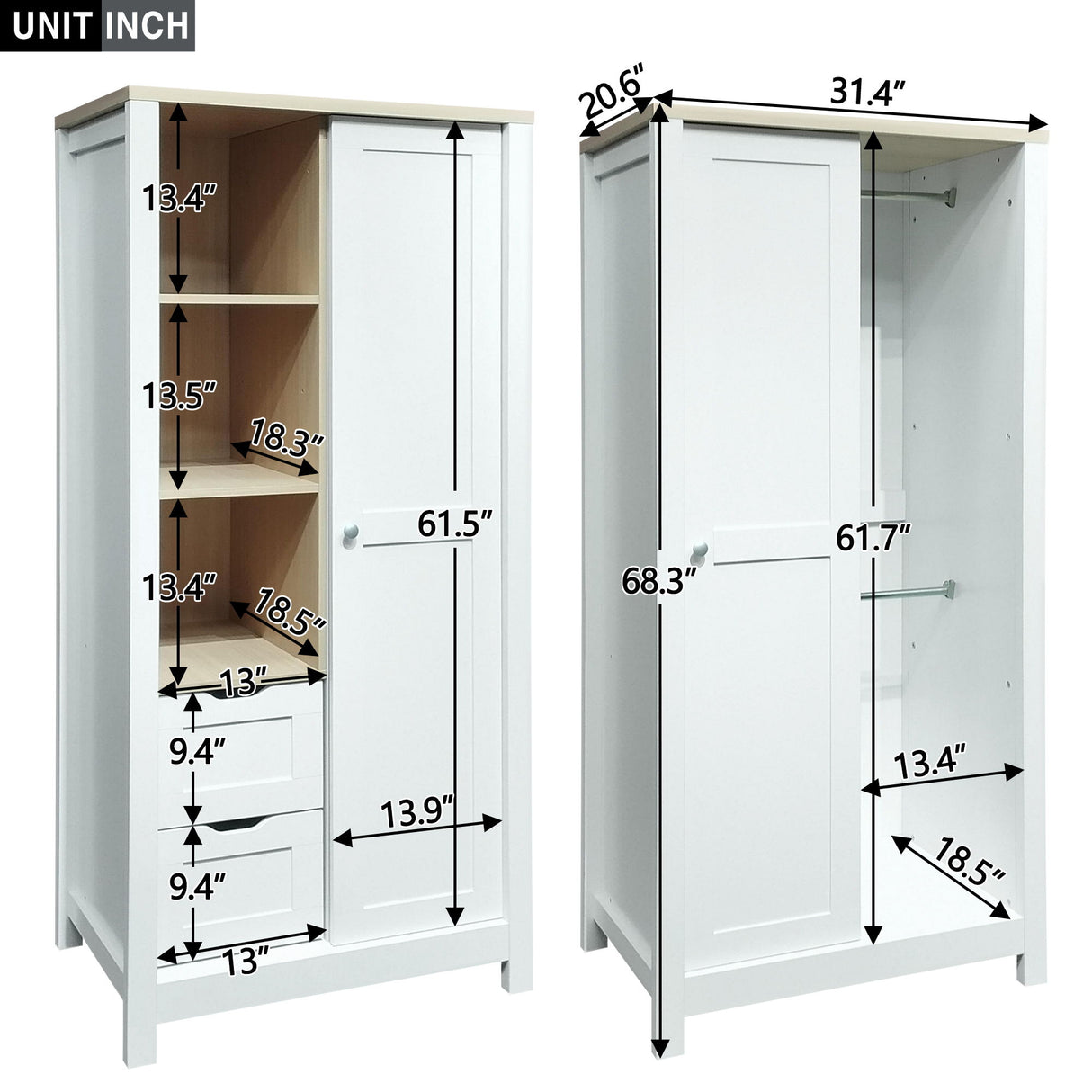 Modern Bedroom Storage Wardrobe With Hanging Rods, 2 Drawers, Open Shelves, Sliding Door - White