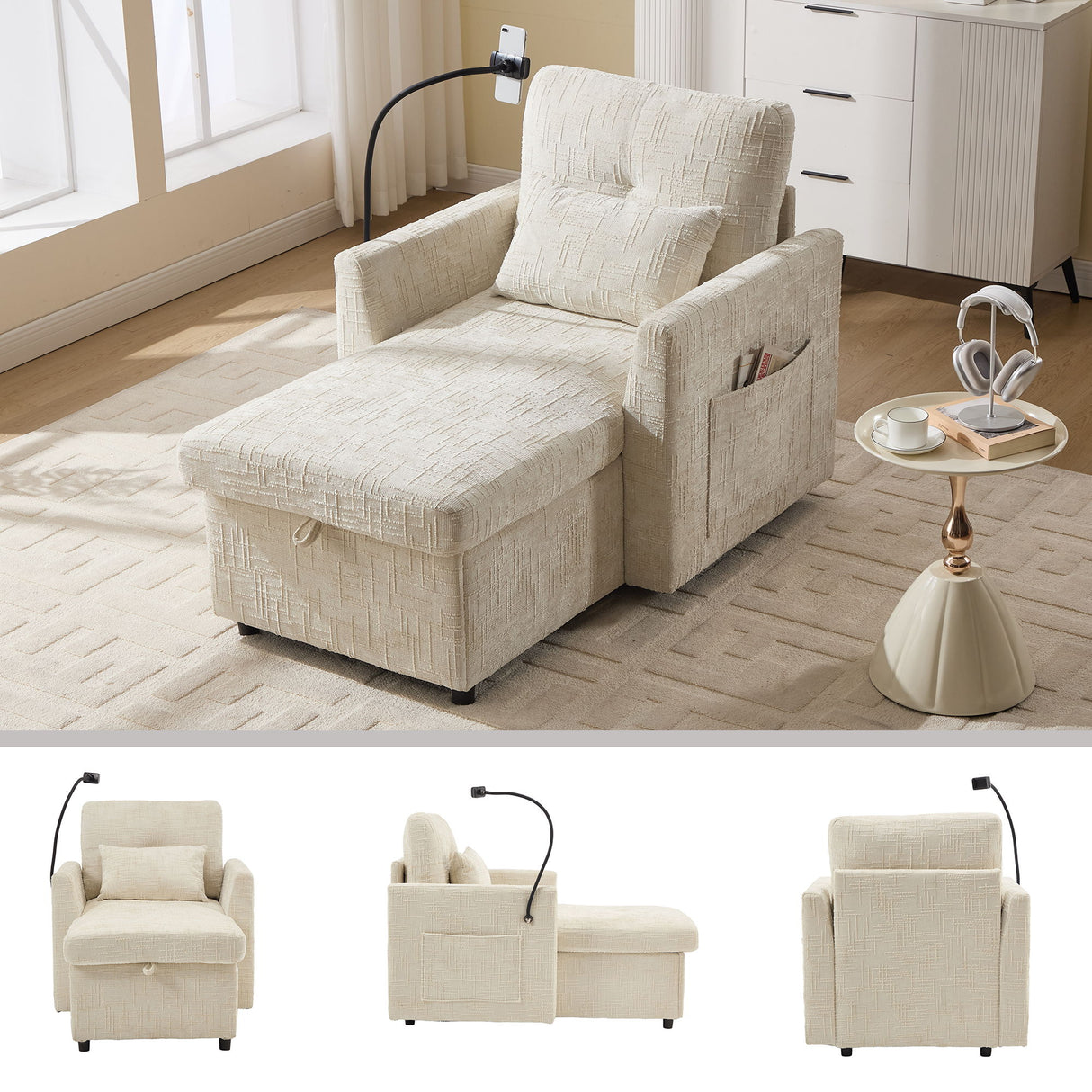 Multifunctional Chenille Recliner Sofa With Storage And Phone Bracket