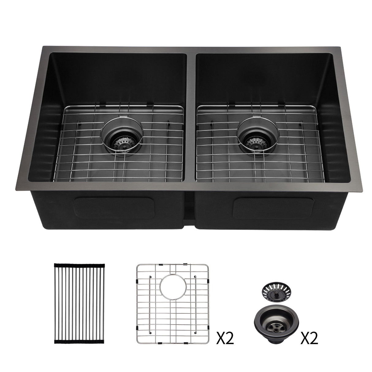Double Bowl Undermount Kitchen Sink 16 Gauge 33" X 19" With Dual 10" Deep Basins - Gunmetal Black