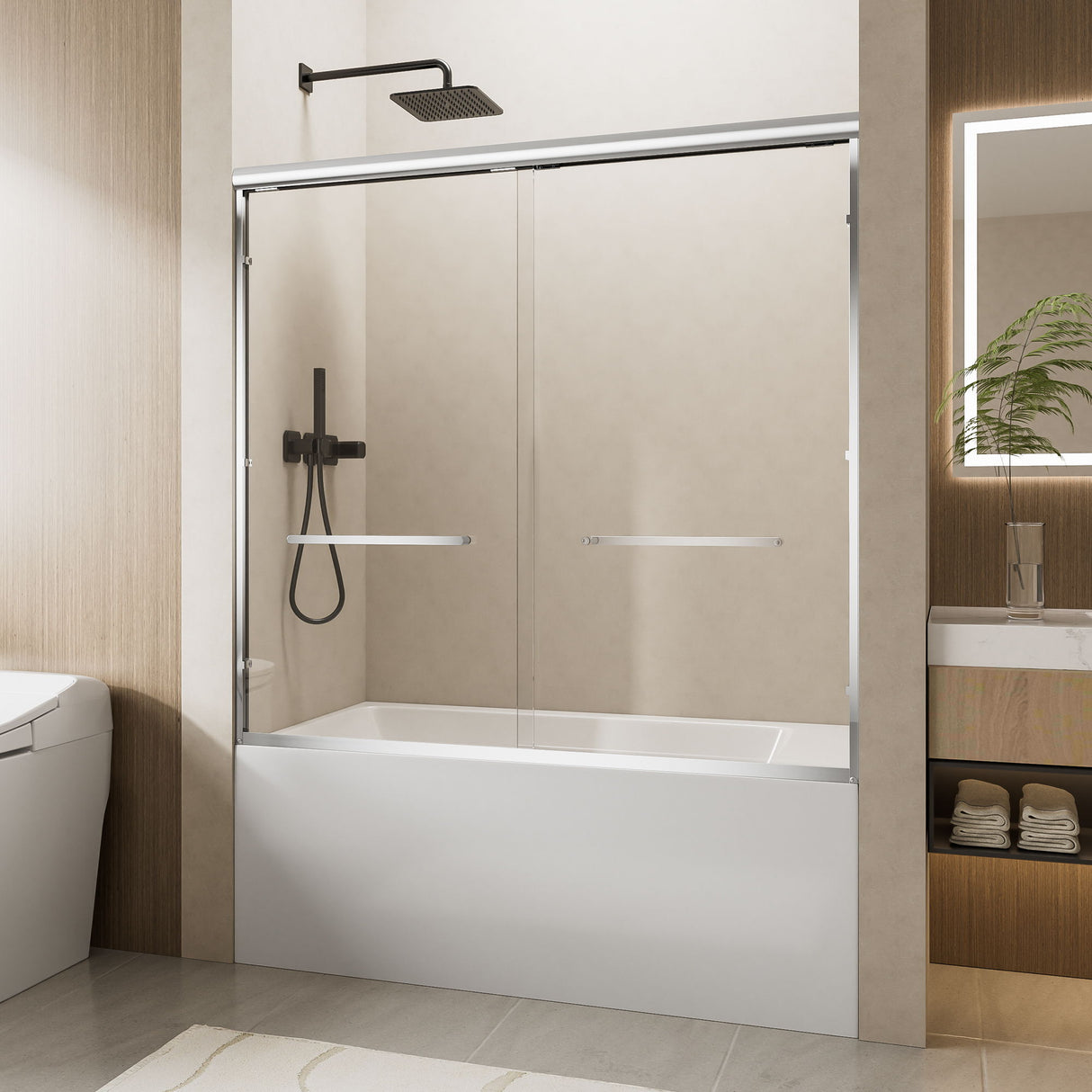 Aluminum Frame Double Double Soft Close Shower Door, Tempered Glass And Dual Stainless Steel Handles