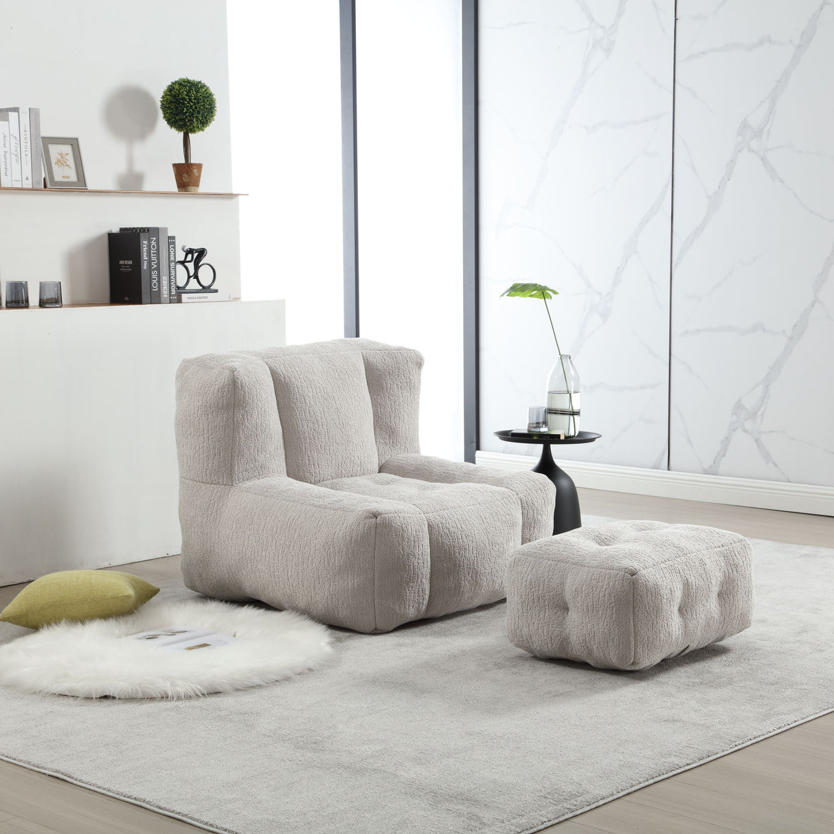 Modern Indoor Fluffy Bean Bag Chair With Memory Foam And Ottoman, Super Soft