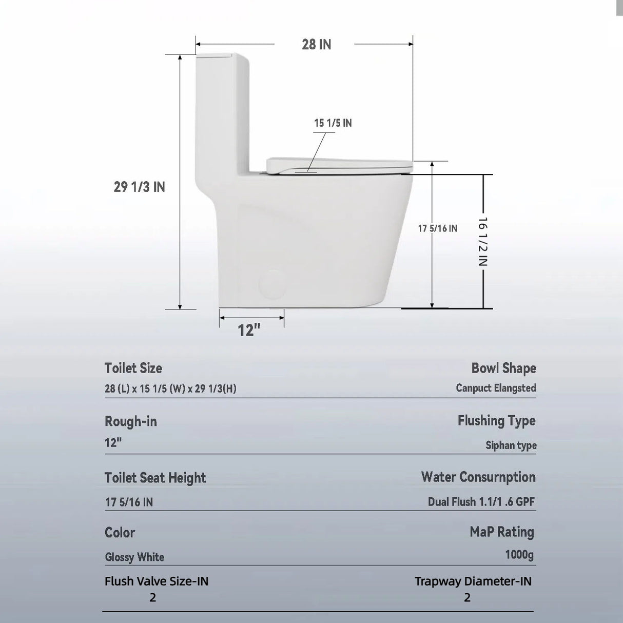 Glossy Tornado Flush 1 Piece Toilet With Dual Flush, Soft Close Seat - Gloss White