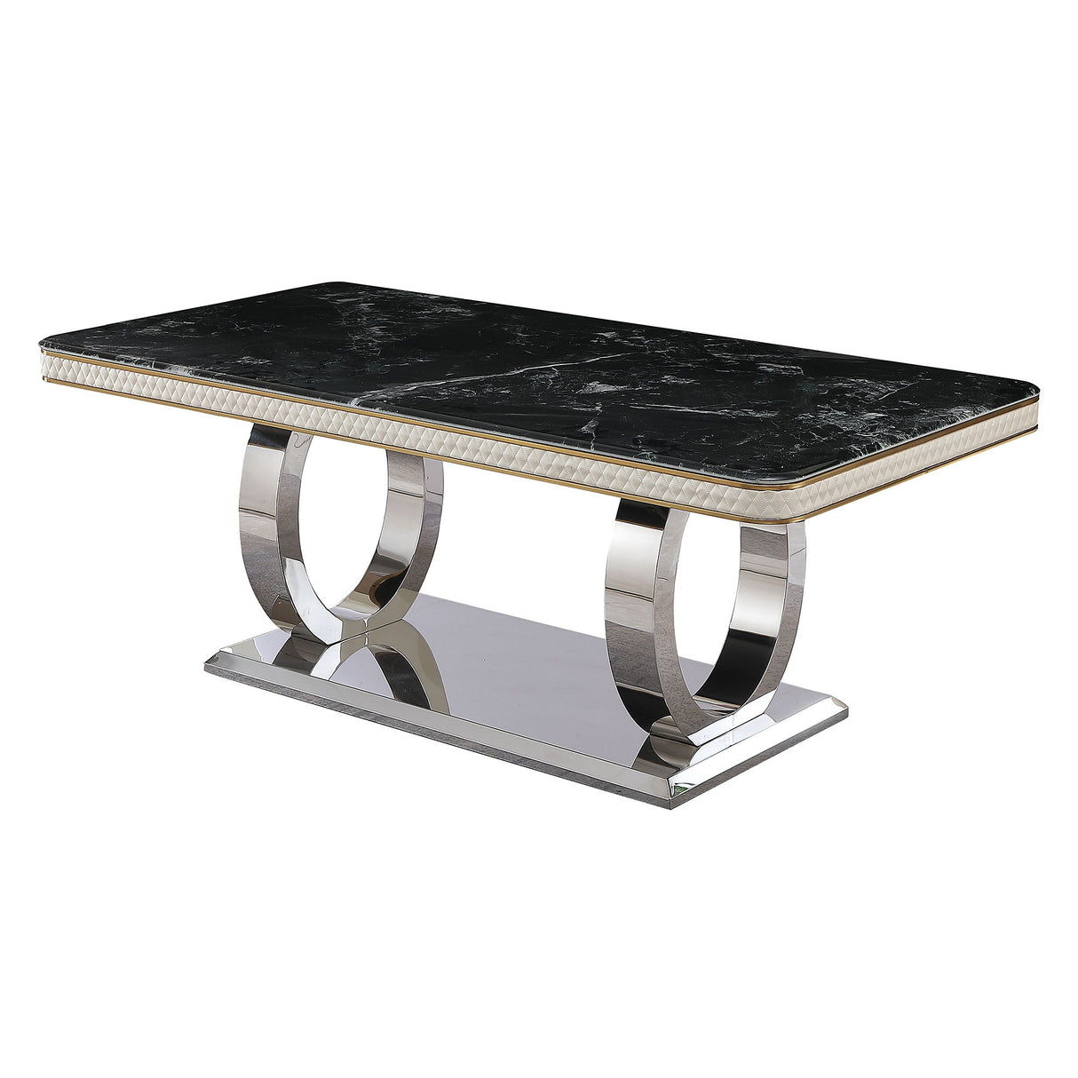 Luxury Modern Dining Table With Faux Marble Top And Dual Circle Base - Black