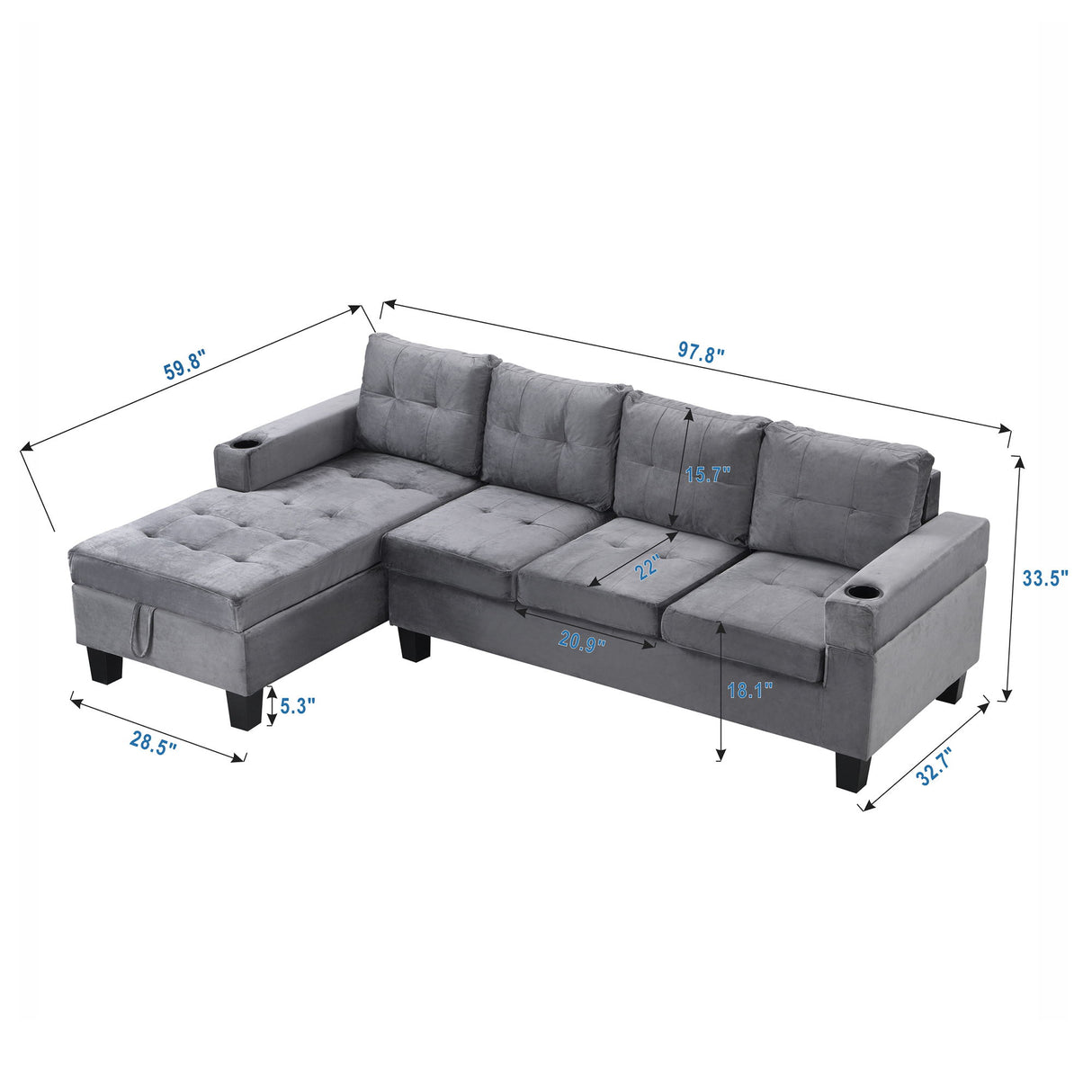 Modern Sectional Sofa Set With L Shape Chaise Lounge And Storage