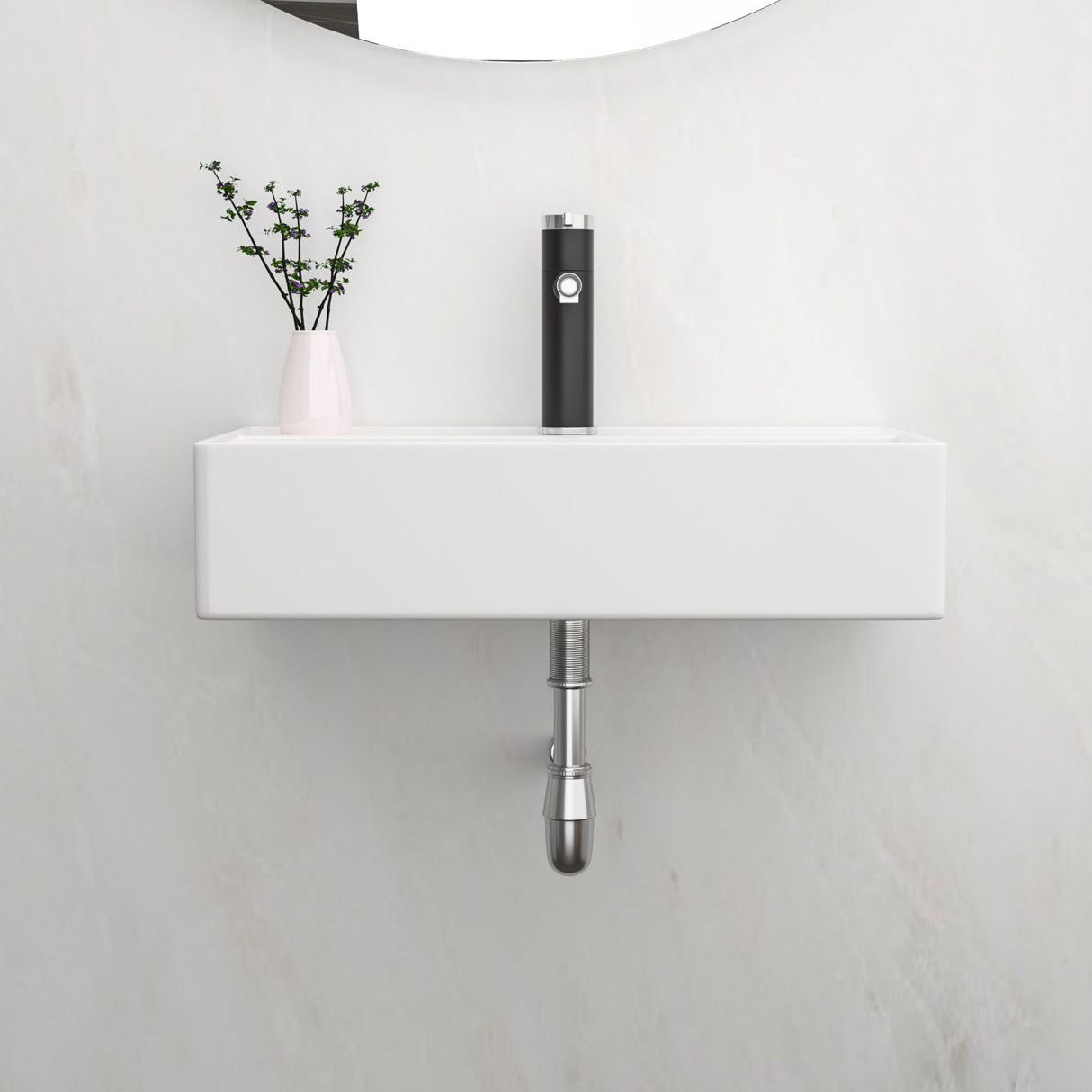 Modern Ceramic Rectangular Wall Mounted Bathroom Sink With Faucet Hole & Overflow