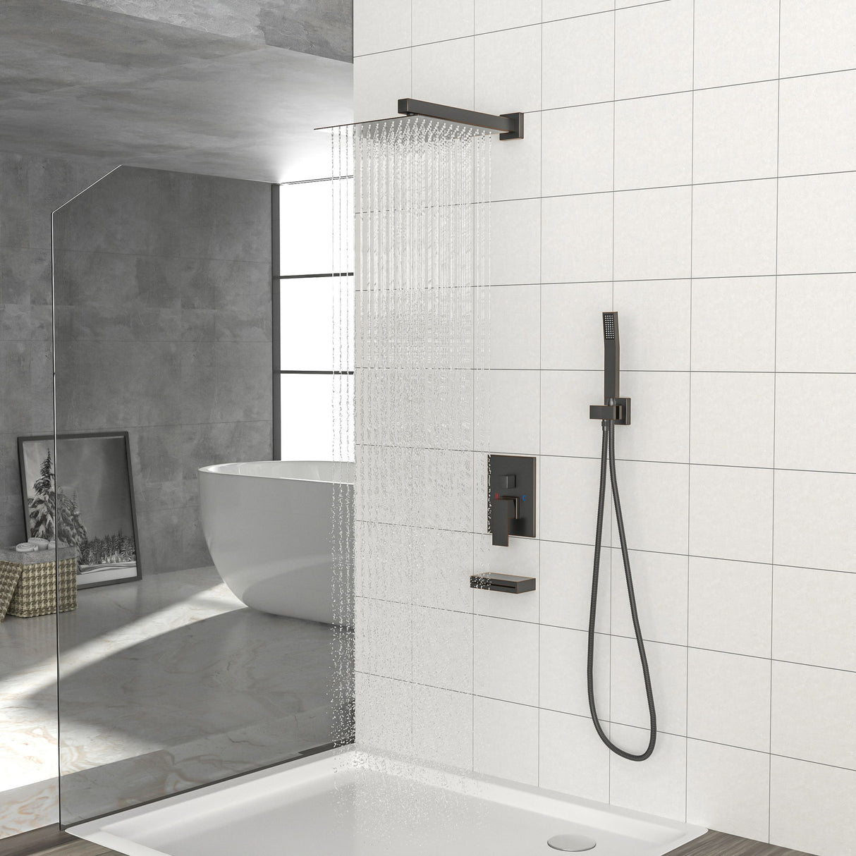 Square Shower System With Waterfall Tub Spout And Rough In Valve, Wall Mounted