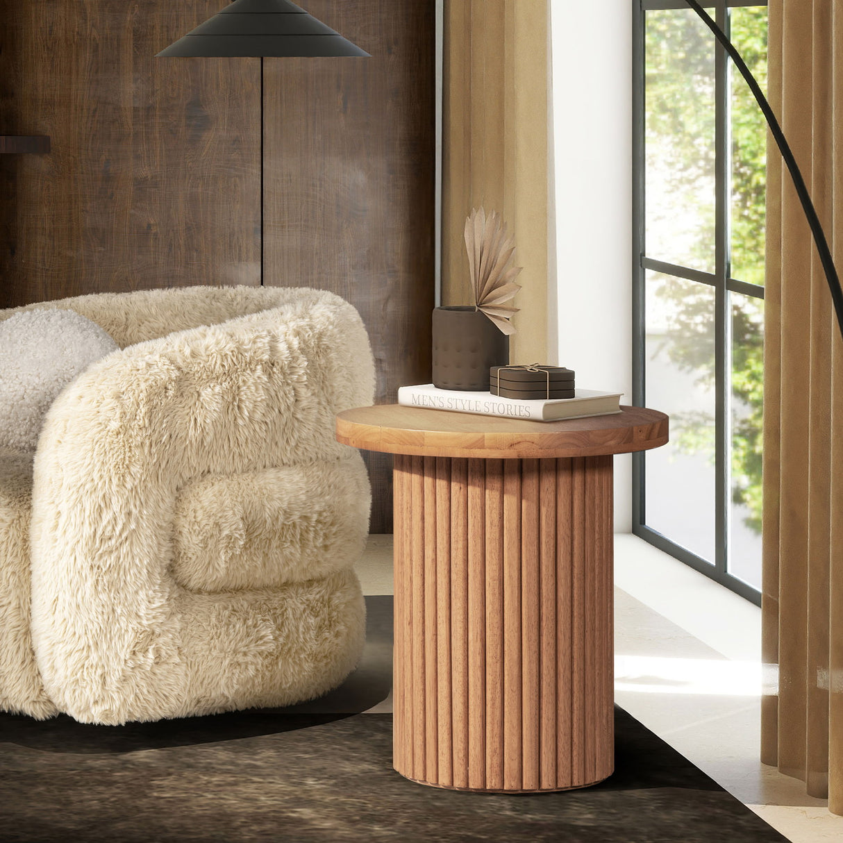 Kenzie - Fluted Pillar Round Accent Side Table - Light Natural Brown