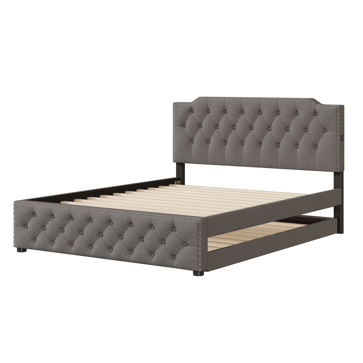 Upholstered Platform Bed With Trundle And 2 Sets Of USB Ports On Each Side, Linen Fabric