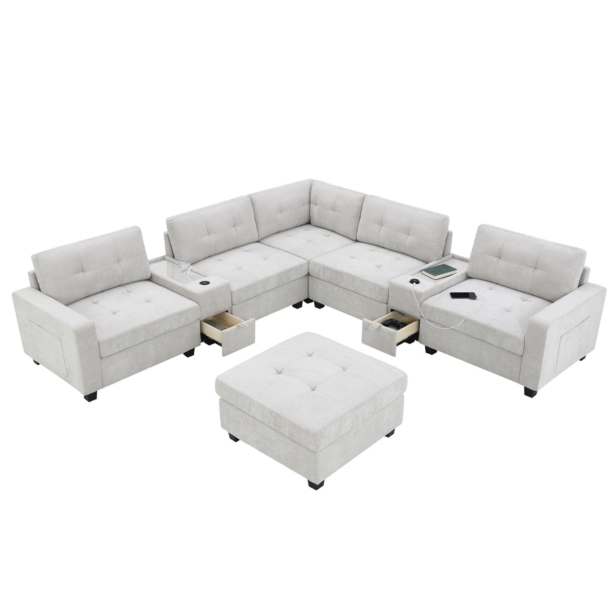 Sectional With Acrylic Table Top U Shaped Couch Set With 2 Consoles USB Charger, Storage Drawers And Pockets Movable Ottoman Tufted Sofa