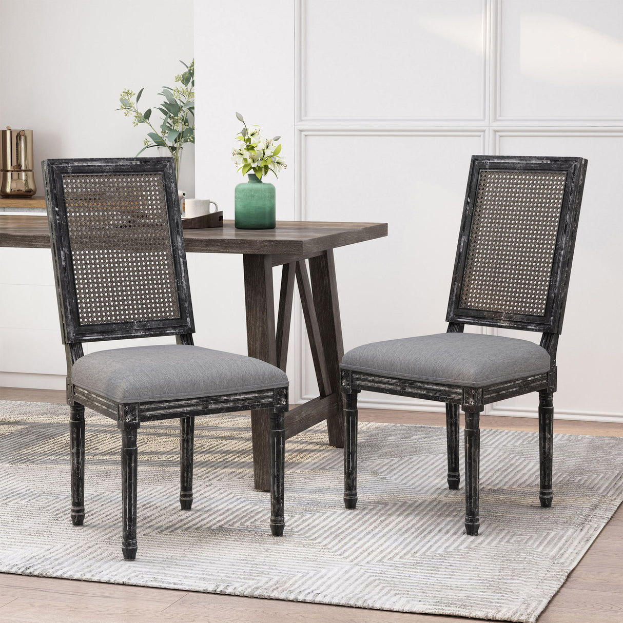 French Country Dining Chair With Rectangular Cane Backrest And Smooth Upholstered Seating