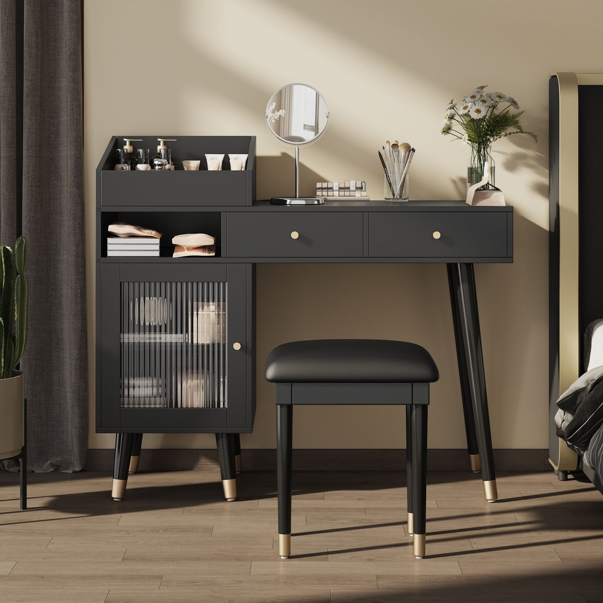 Modern Makeup Vanity Desk With Drawers Cabinet & Charging Port Engineered Wood Space Saving Design For Small Places - Black