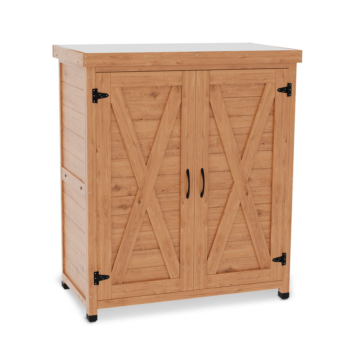 Rustic Cedar Potting Bench With Storage Cabinet And Metal Table Top For Outdoor Patio - Light Brown