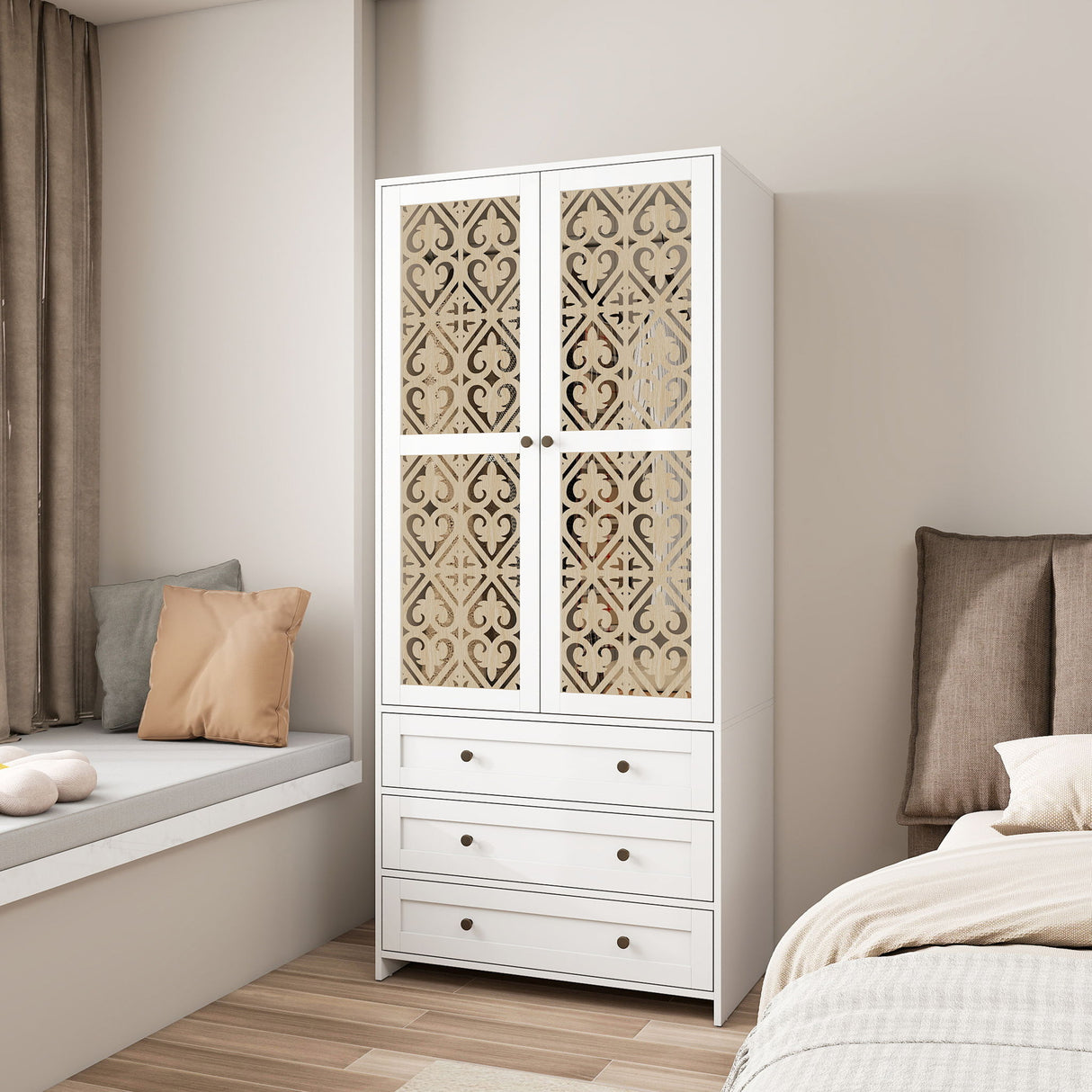 Hollow Pattern 2 Door 3 Drawer Wardrobe, The Collision Of Wood Color, Suitable For Bedrooms And Dressing Rooms - White