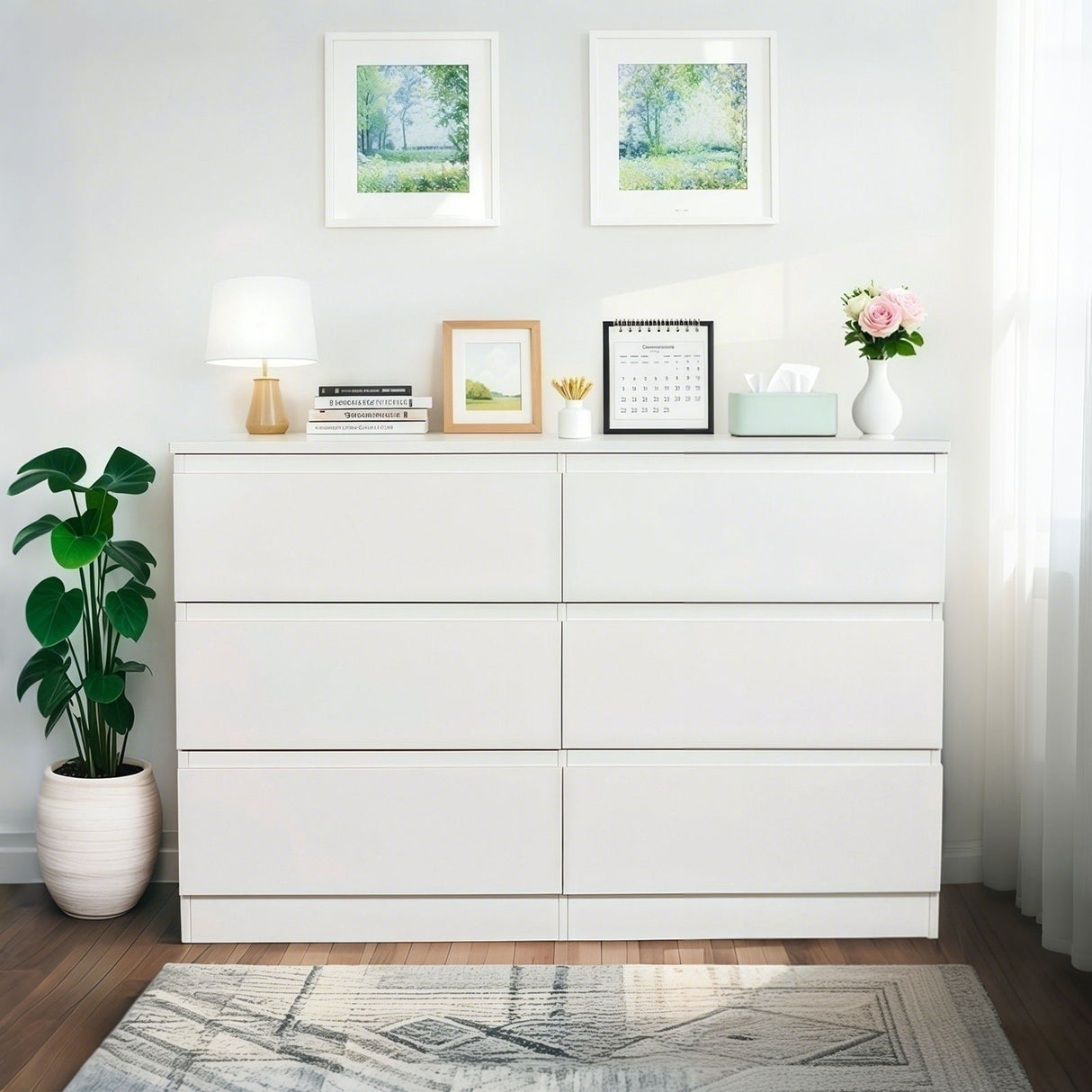 6 Drawer Dresser With Spacious Countertop And Concealed Handles