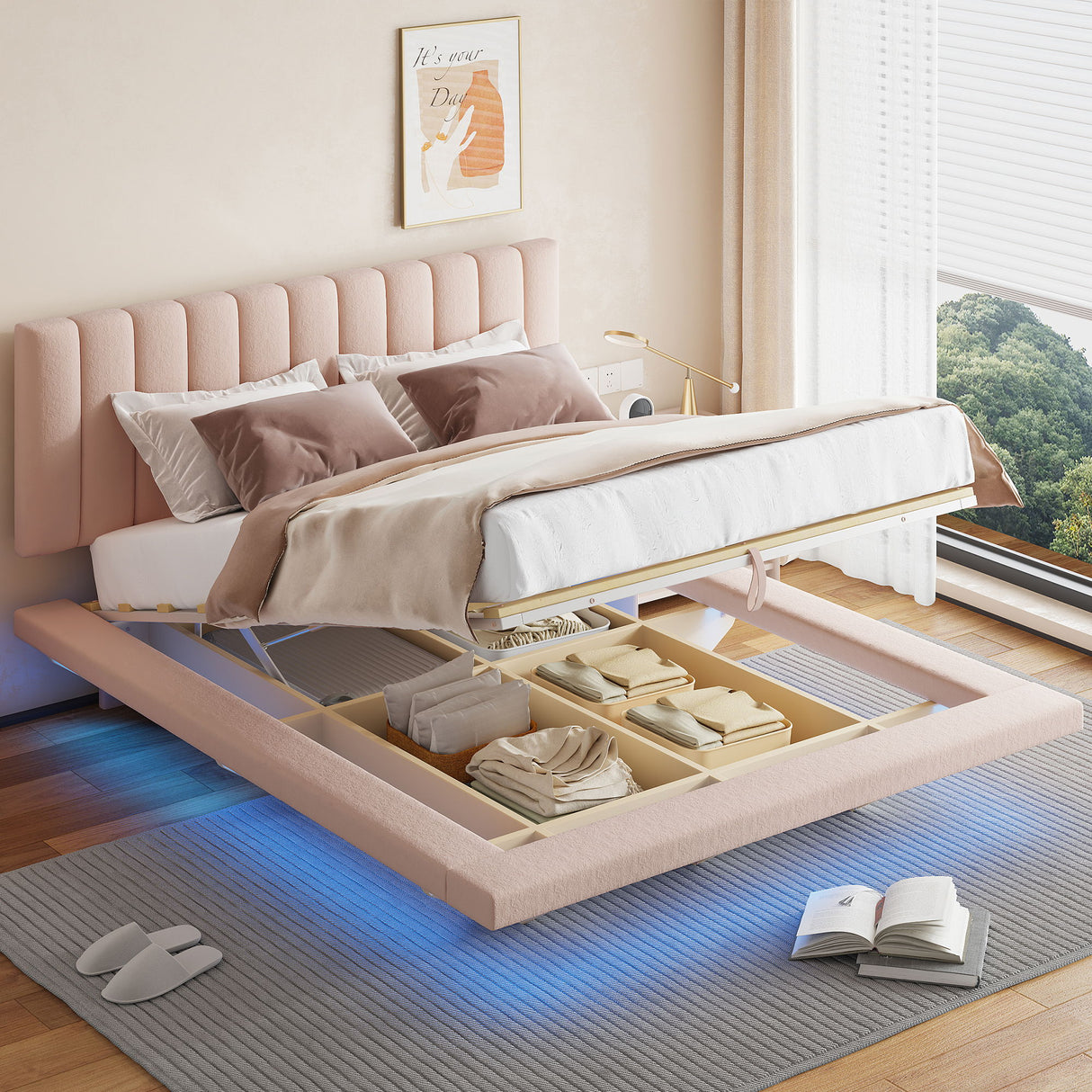 Upholstered Floating Hydrualic Platform Bed With LED Light And USB Port