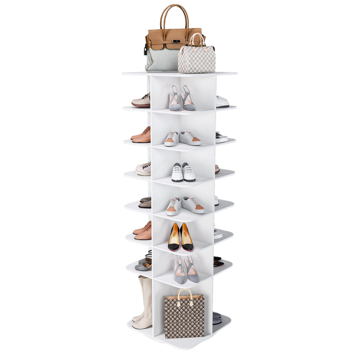 7 Tier Square Rotating Shoe Rack Tower With 360° Spinning Organizer - White