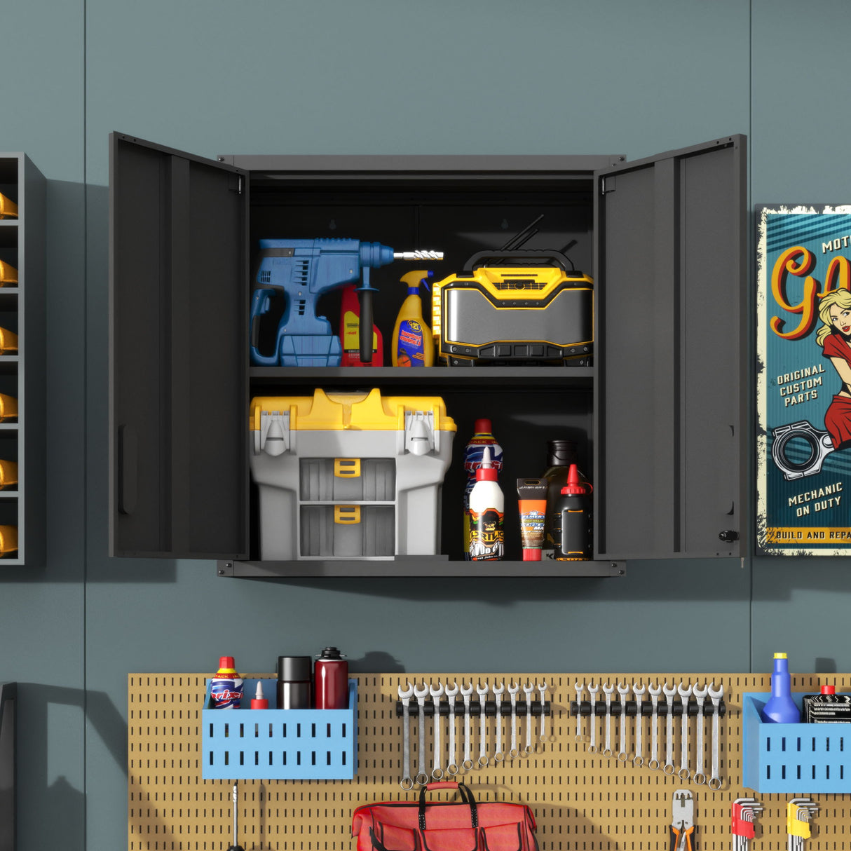 Metal Wall Mounted Tool Storage Cabinet With 2 Locking Doors, Adjustable Shelf, And Drawer