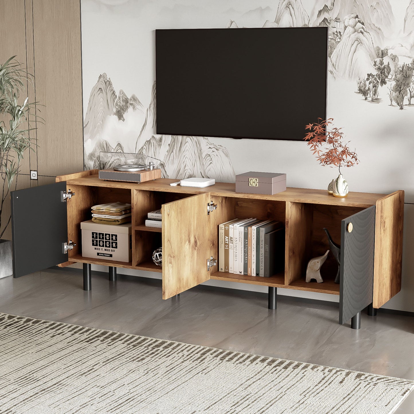 Mid Century TV Stand & 3 Cabinets, Media Console Table For Tvs Up To 70'', Entertainment Center With Storage For Living Room - Black / Brown