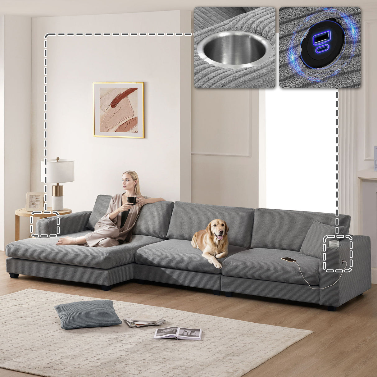 Oversized Sectional L Shaped Cloud Couch With USB Charging Port Cup Holder Deep And Wide Seat Sofa With Chaise Comfy